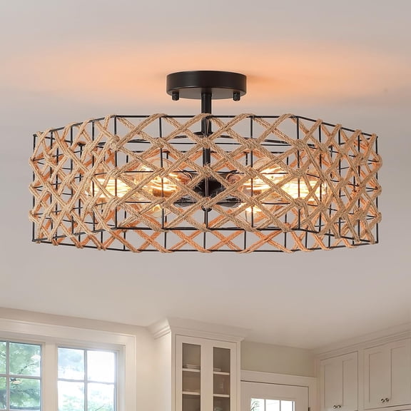 6-Light Large Coastal Boho Woven Flush Mount Ceiling Light Fixture 20 inch Handmade Hemp Rope Hexagon Cage Semi Flush Mount Ceiling Light for Hallway Entry Farmhouse Bedroom Living Room Beach, Black