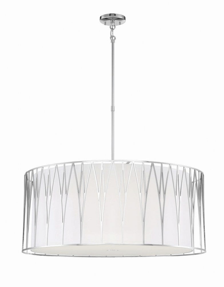 Polished Nickel 6-Light LED Drum Pendant with White Fabric Shade