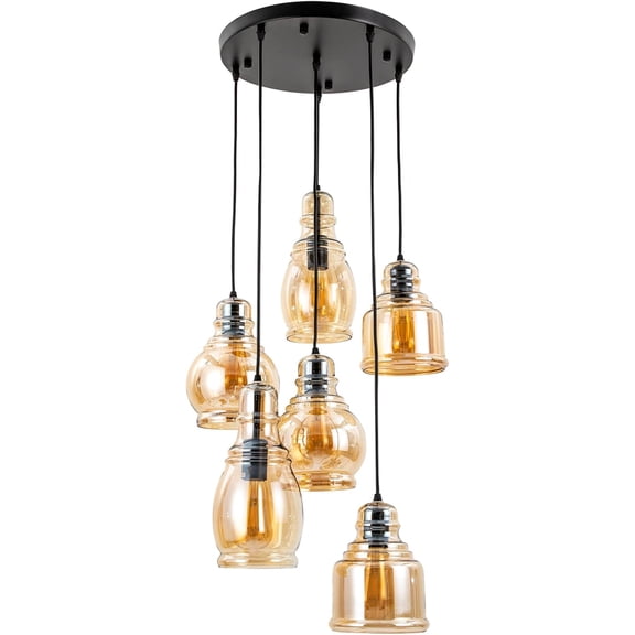 6-Light Linear Island Glass Chandelier Hanging Ceiling Lighting Modern Pendant Light Fixture Matte Black Finish with Glass Shades Adjustable Height for Kitchen Dining Room Hallway Foyer