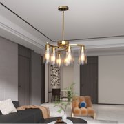 6-Light Modern Chandelier Pendant Lights 21.7in for Dining Room Seeded Glass for Kitchen Island Living Room Foyer Bedroom E26 Base Gold