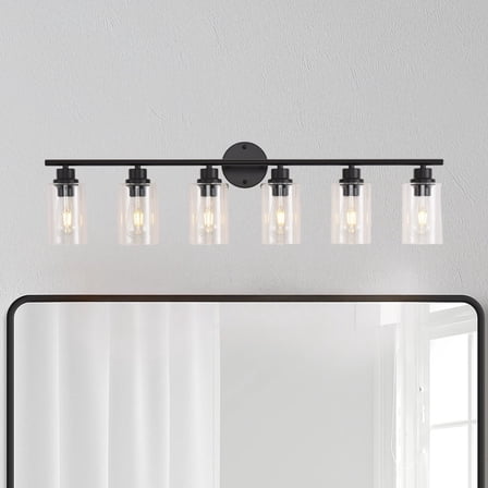 6-Light Modern Vanity Light with Clear Glass Shade - Dimmable Bathroom Black Wall Lamp for Mirror, Kitchen, Hallway