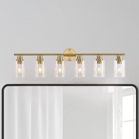 6-Light Modern Vanity Light with Clear Glass Shade - Dimmable Bathroom Brass Wall Lamp for Mirror, Kitchen, Hallway