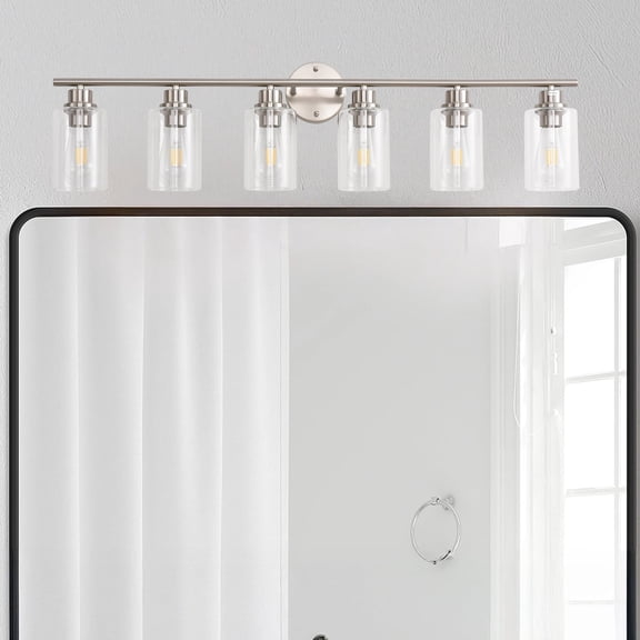 6-Light Modern Vanity Light with Clear Glass Shade - Dimmable Bathroom Nickel Wall Lamp for Mirror, Kitchen, Hallway