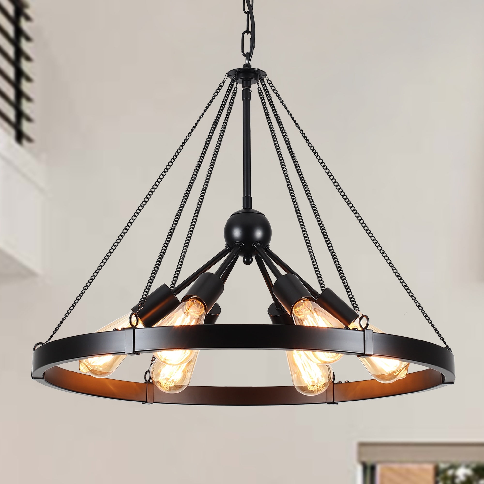 Black Industrial Wagon Wheel Chandelier with Adjustable Chain