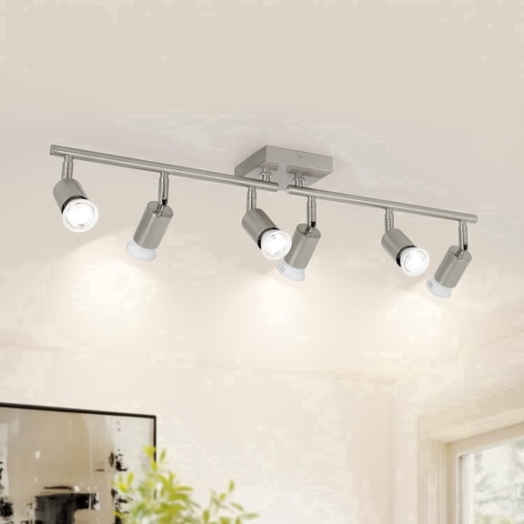 KEESFU 6-Light GU10 Track Lighting Fixture, Adjustable Nickel Ceiling Light for Kitchen
