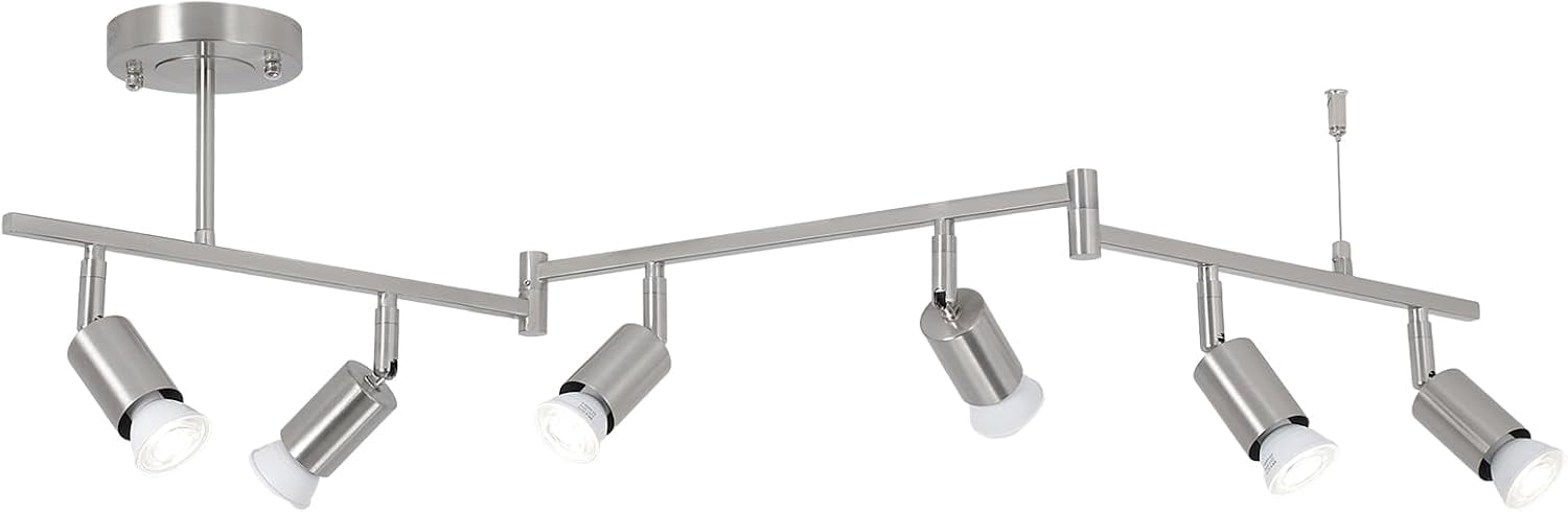 6-Light Nickel Track Lighting Fixture Ceiling, Modern LED Track Lighting with Flexible Foldable Arm and Rotatable Light Head, Adjustable Ceiling Light for Kitchen Islands, Dining Rooms