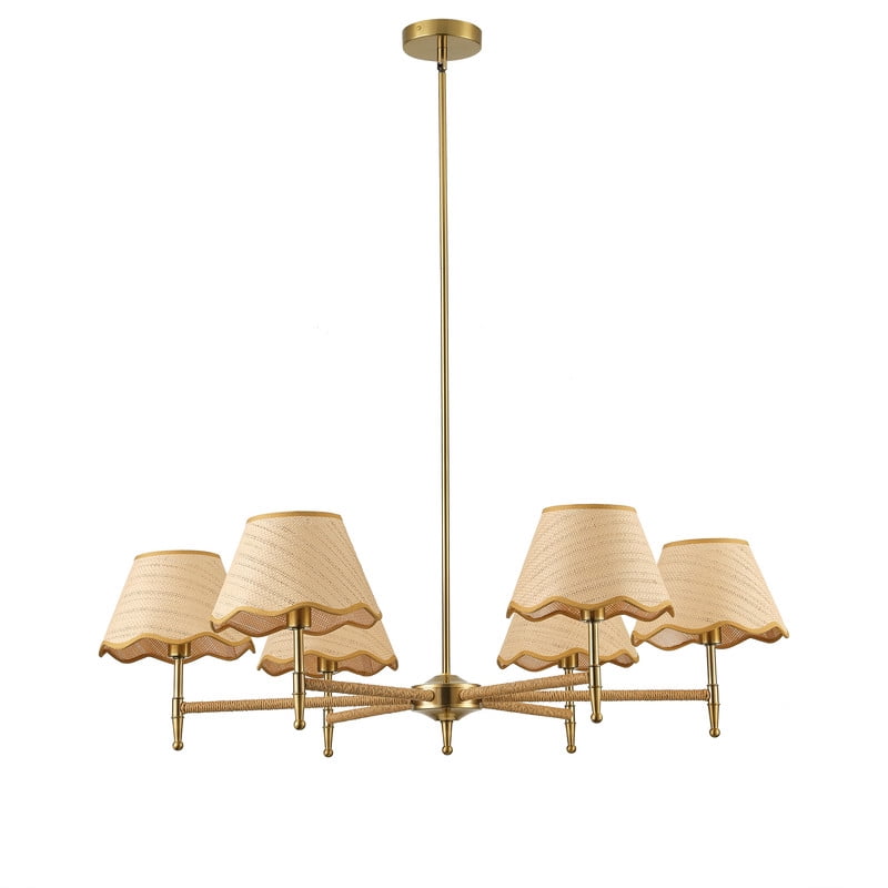 6-Light Pendant Hanging Light, Plated Cooper Dining Room Light Fixture with Paper Knitting Lampshade for Farmhouse