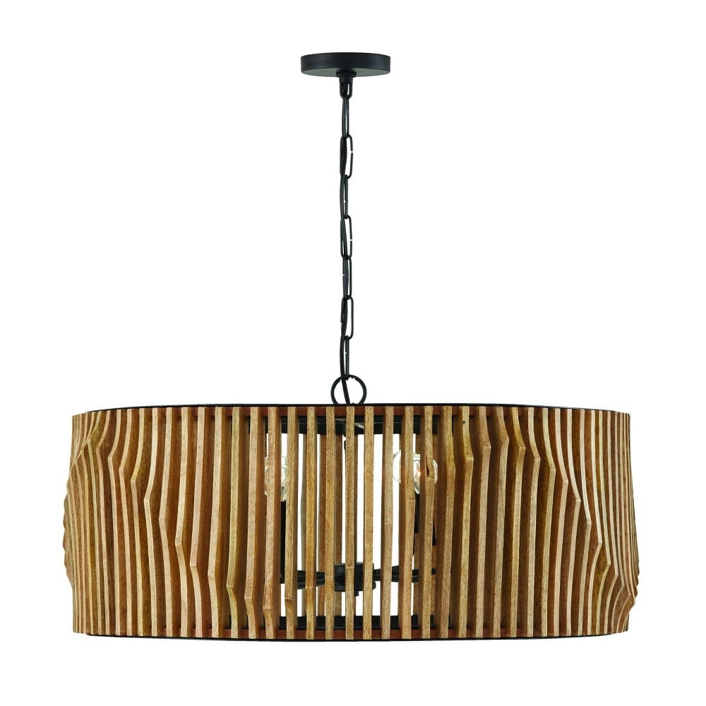 Light Wood and Matte Black 6-Light Drum Chandelier