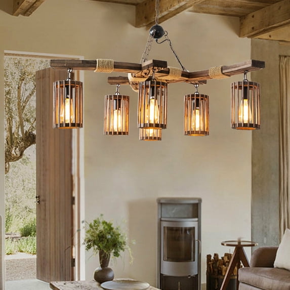 6-Light Retro Wooden Chandelier Island Light Rustic Pendant Ceiling Lamp Fixture