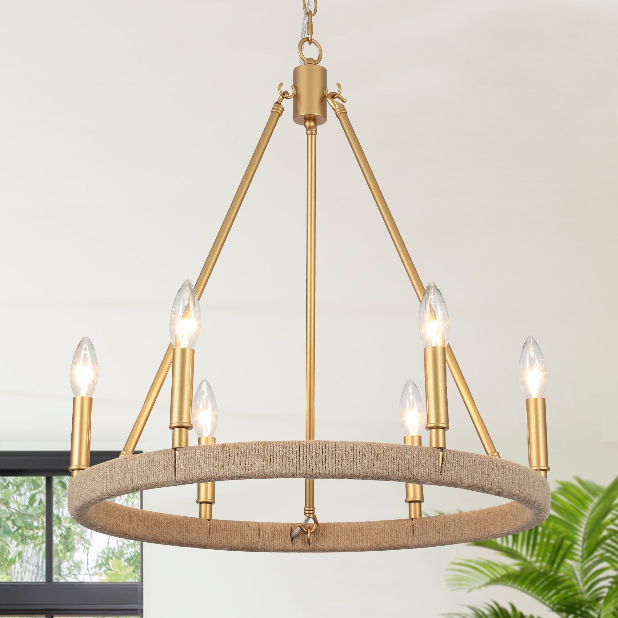 Gold and Hemp Rope 6-Light Rustic Wagon Wheel Chandelier