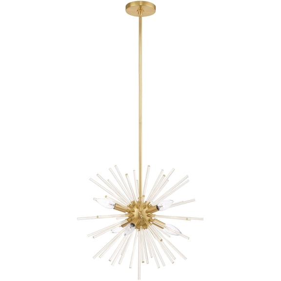 6 Light Satin Brass Pendant Chandelier with Clear Crystal Rods Shade