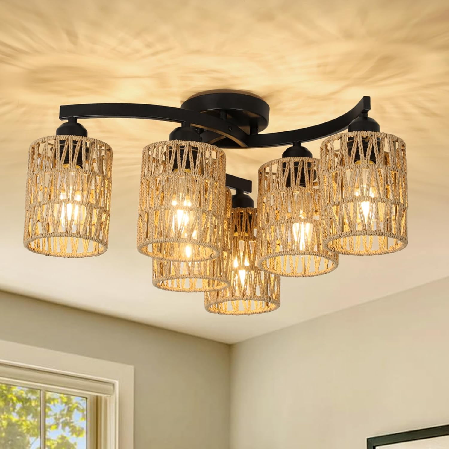 6 Light Semi Flush Mount Ceiling Light, Handmade Rattan Ceiling Light ...