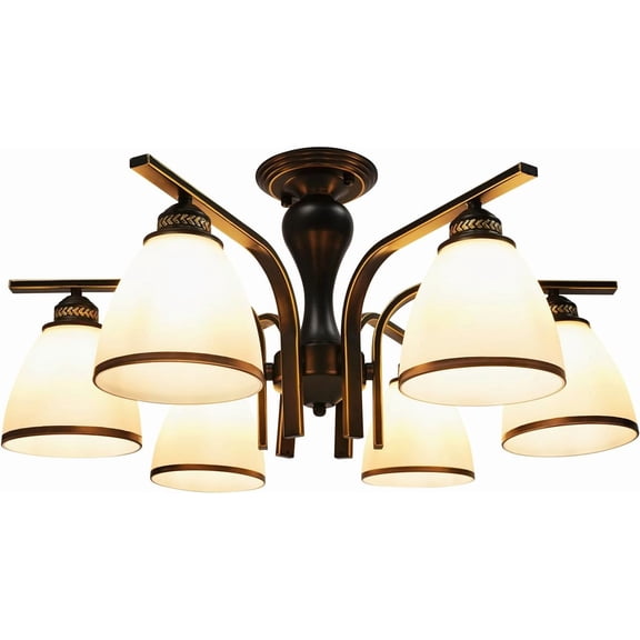 6-Light Semi Flush Mount Ceiling Light, Pendant Lighting Fixture with White Glass Shade, Matte Black & Industrial Retro Style, Iron Chandelier for Dining Room Living Room Bedroom Kitchen