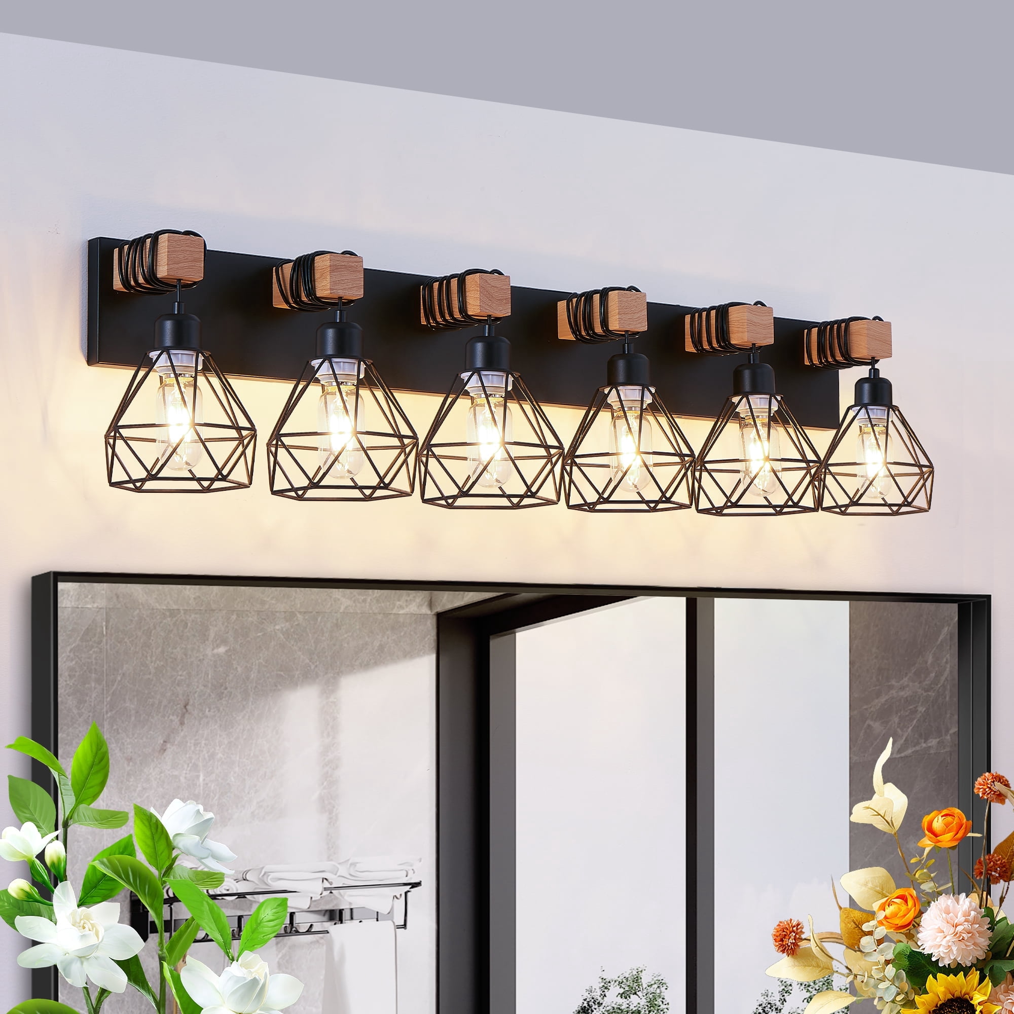 6-Light Vanity Light Fixture 38.2" with Black Metal, Modern Geometric Wooden Accents and Cage Lampshade for Bathroom, Bedroom,or Living Room