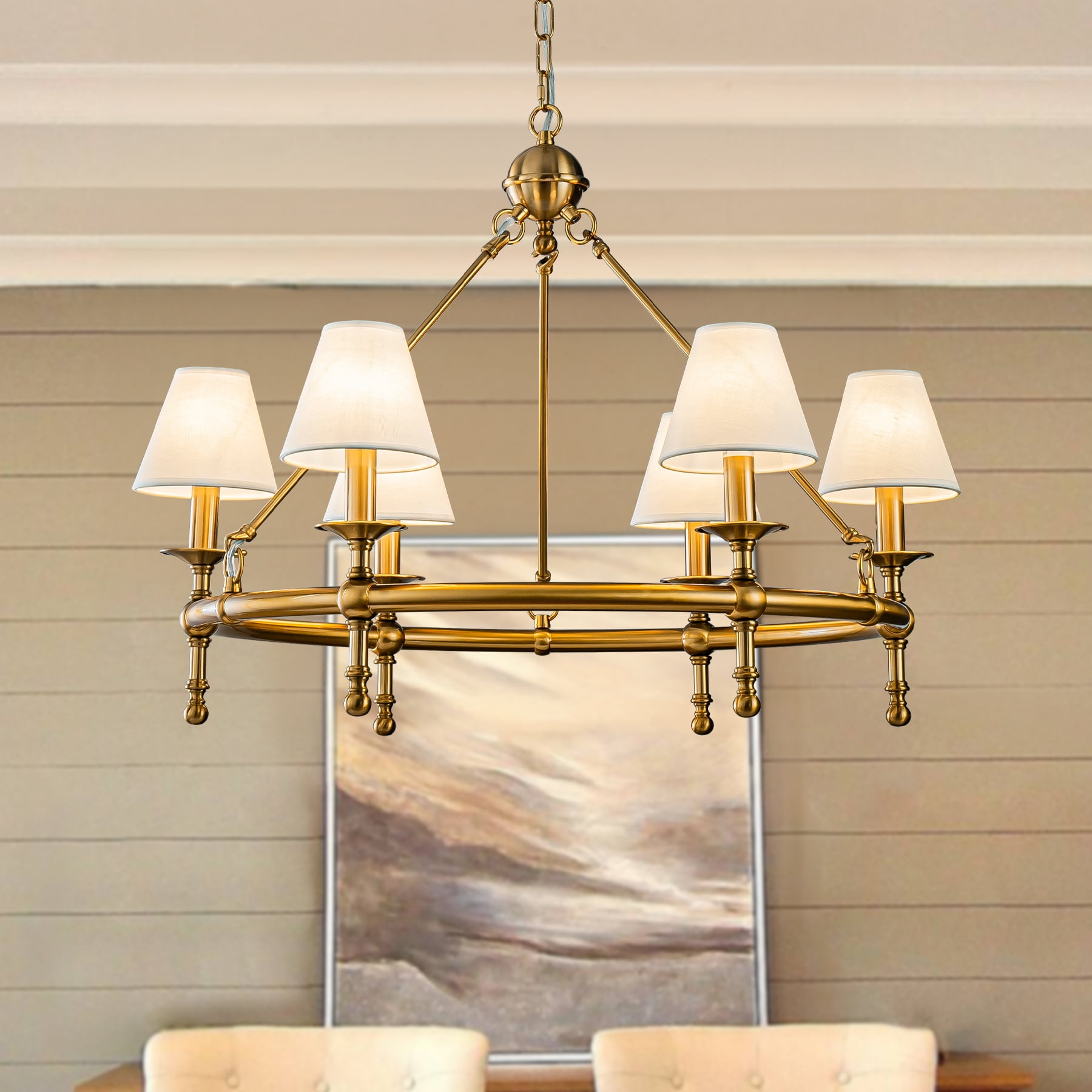 6-Light W34 in Vitage Brass Chandelier Untique Classic Lighting with White  Fabric Lamp Shade for Dining Room - Walmart.com, image size:1800x1800