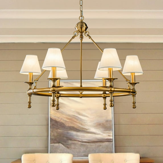 6-Light W34 in Vitage Brass Chandelier Untique Classic Lighting with White Fabric Lamp Shade for Dining Room