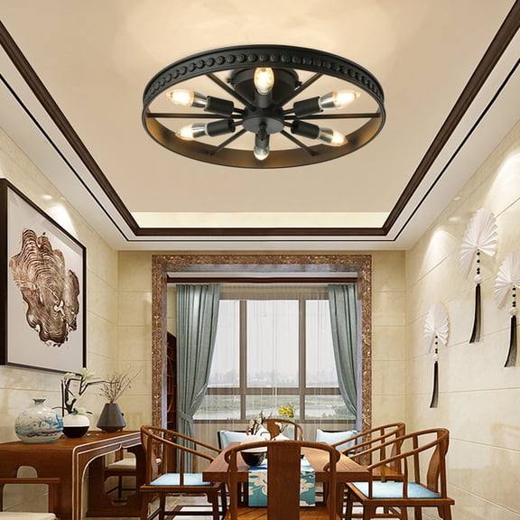 6-Light Wagon Wheel Ceiling Light, Semi-Flush Mount Industrial Chandelier, Black Metal Retro Lamp for Kitchen Dining Room Basement, E12 Base Bulbs Not Included