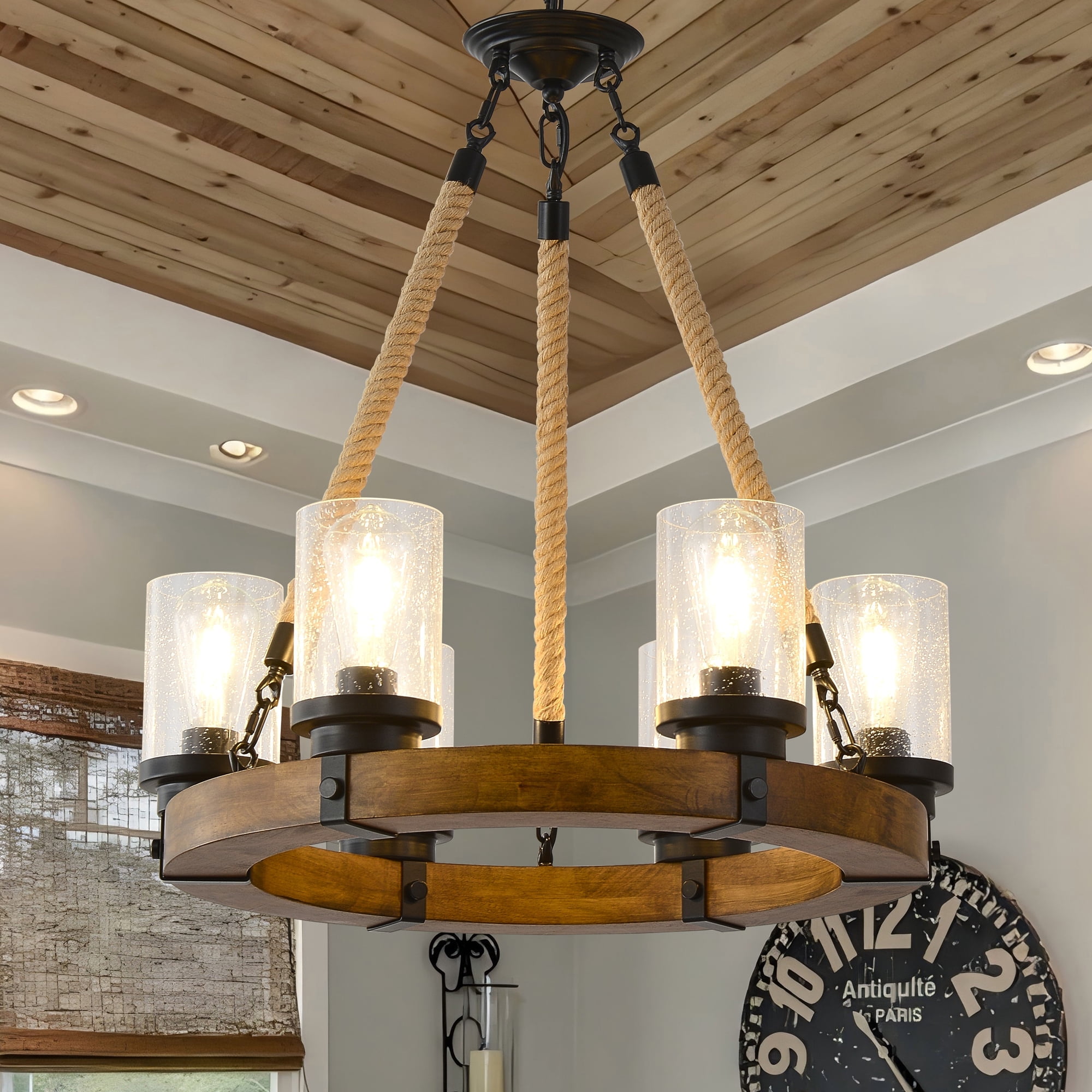 6-Light Wagon Wheel Chandelier with Seeded Glass – Rustic Farmhouse Wood Ceiling Light for Dining Room, Kitchen, Entryway