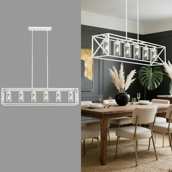 6 Light White Dining Room Light Fixture Rectangular Modern Farmhouse Chandelier Linear Hanging Pendant Lighting,