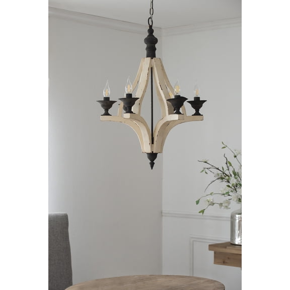 6 - Light Wood Chandelier, Hanging Light Fixture with Adjustable Chain for Kitchen Dining Room Foyer Entryway, Bulb Not Included