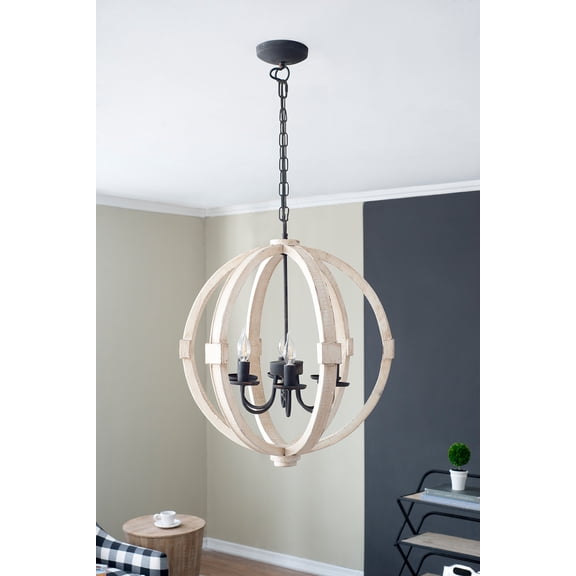 6 - Light Wood Chandelier, Hanging Light Fixture with Adjustable Chain for Kitchen Dining Room Foyer Entryway, Bulb Not Included
