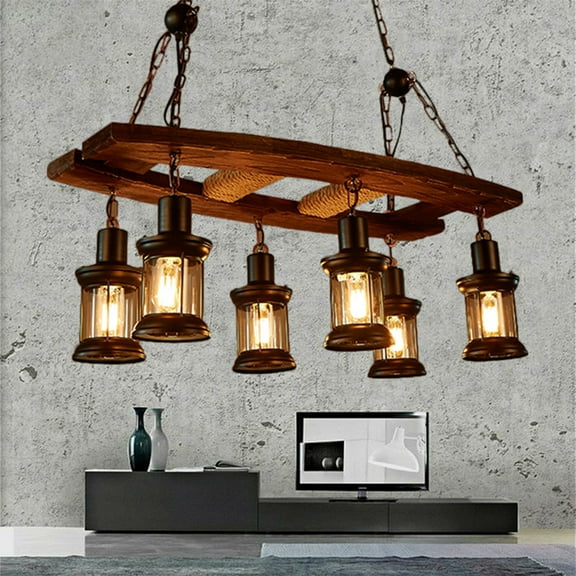 6-Light Wooden Rustic Ladder Chandelier - Adjustable 29.5" Black Chains & 10.2"x3.5" Ceiling Plate, 6 E26 Sockets Vintage 31.5"L x15.7"W x47.2"H for High Ceiling