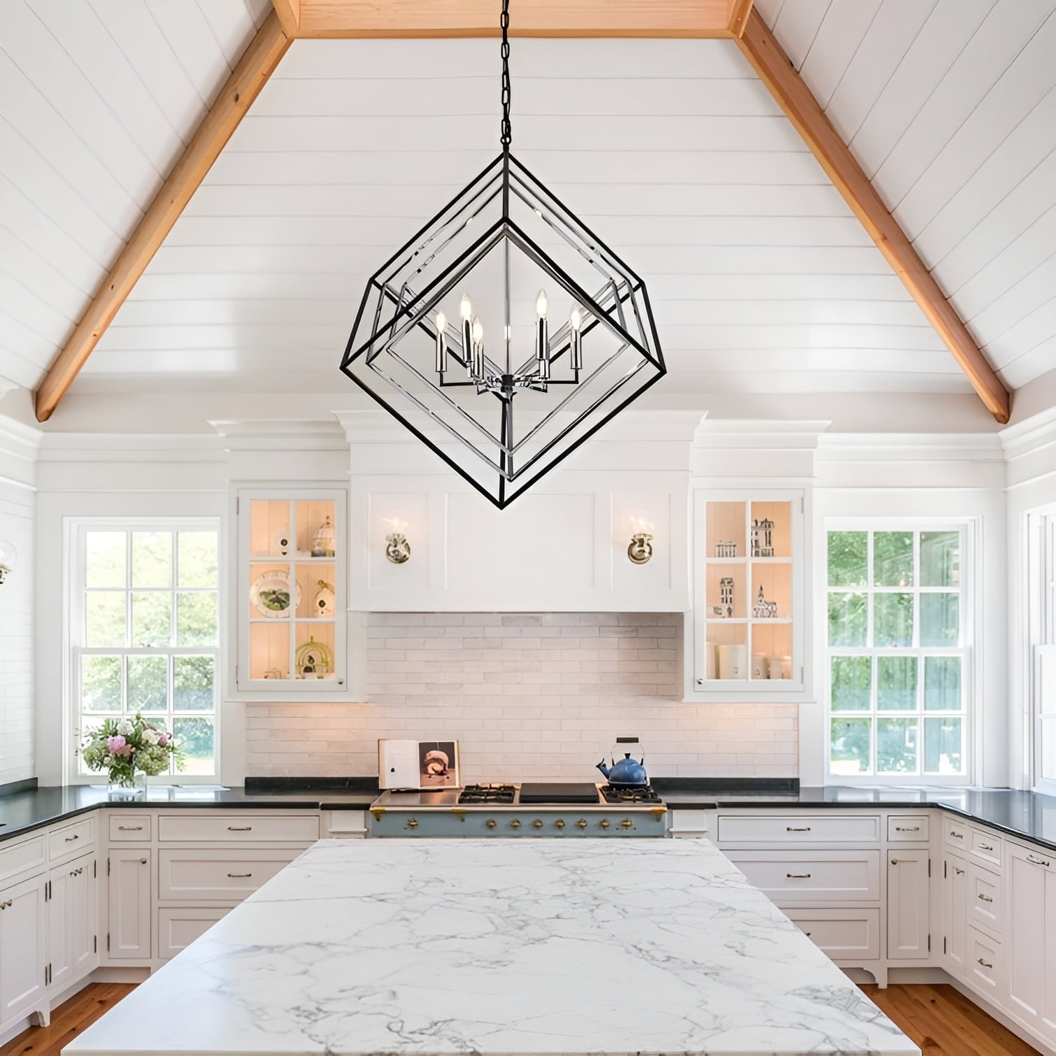 Black Geometric Cube Chandelier with Candle Lights