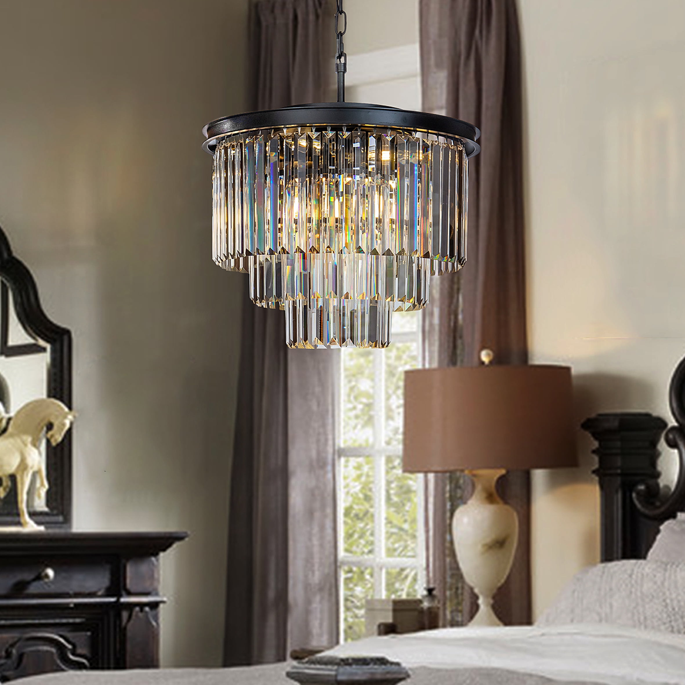 Matte Black 3-Tier Crystal Fringe Chandelier with 6 Lights