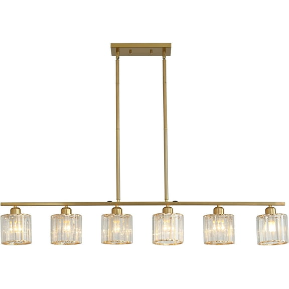 6 Lights Kitchen Island Lighting Linear Farmhouse Chandelier Modern Pendant Light Fixture Industrial Hanging Lighting with Glass Shades Gold for Barn Living Dining Room Hallway