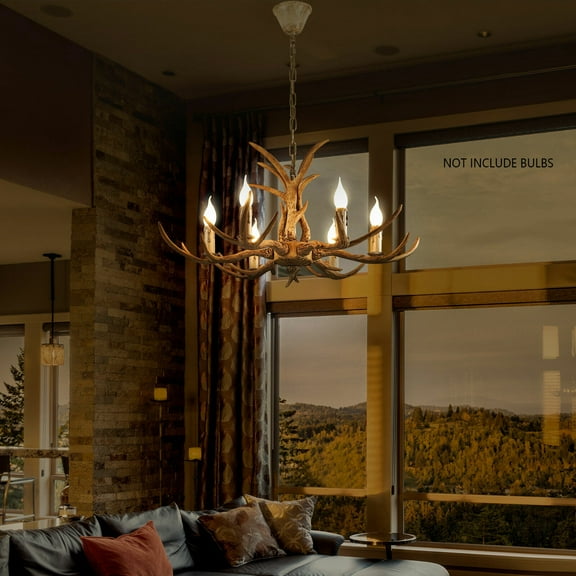 6-Lights Rustic Deer Horn Antler Chandelier Pendant Light Ceiling Lamp Fixture for Parlor, bar, Restaurant, Bedroom, Home Lighting