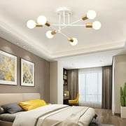 6-Lights Sputnik  Chandelier Semi Flush Mount Ceiling Light Fixture Iron Art White + Gold for Kitchen Dining Room Bedroom Foyer