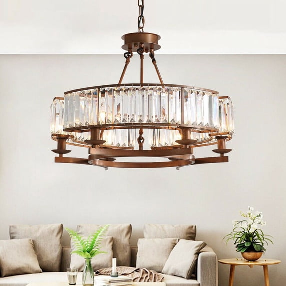 6-Lights Vintage Round Farmhouse Crystal Chandelier Hanging Pendant Lamp Fixture