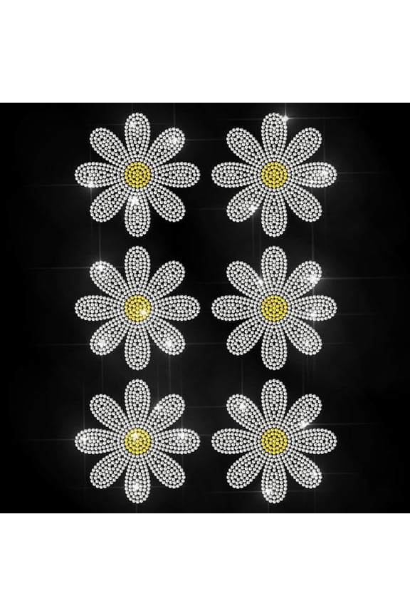 6 Little Daisies Iron on Rhinestone Decal Spring Flower Hotfix Transfer Sticker Floral Heat Transfer Patch Bling Clothing Repair Applique for T-Shirt Hat Jacket Garment Bag DIY Decor