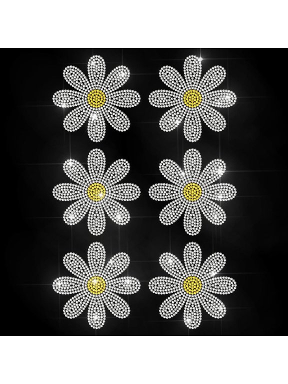 6 Little Daisies Iron on Rhinestone Decal Spring Flower Hotfix Transfer Sticker Floral Heat Transfer Patch Bling Clothing Repair Applique for T-Shirt Hat Jacket Garment Bag DIY Decor