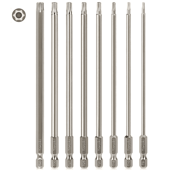 6" Long Security Torx Bit Set, Tonsiki 8PCS 1/4" Hex Shank S2 Steel Tamper Proof Torx Star Screwdriver Bit Sets
