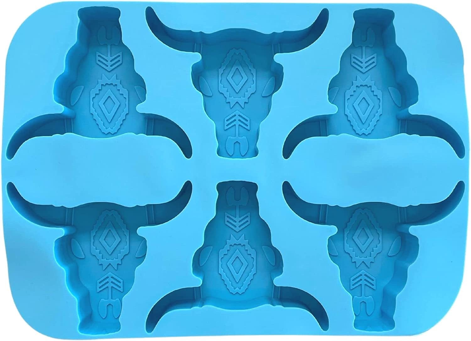 6 Longhorn Freshie Mold Silicone Tray Bulk Wholesale  11.25" Wide x 8" Long x 1" Deep  Multiple Mold for Freshies, Epoxy, Soap  Aztec Bull Skull  Blue Tray Heat Resistant Aroma Unscented Beads