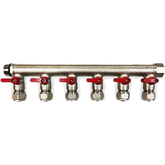 6 Loop Port Ball Valve Brass - Pex Manifold - 1/2" NPT Thread - Inlet 1/2" Outlet - Red Handles