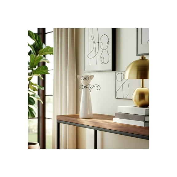 Elegant Cat Figurine with Glasses Handcrafted Ceramic & Metal Glam Home & Office Decor - 11" White
