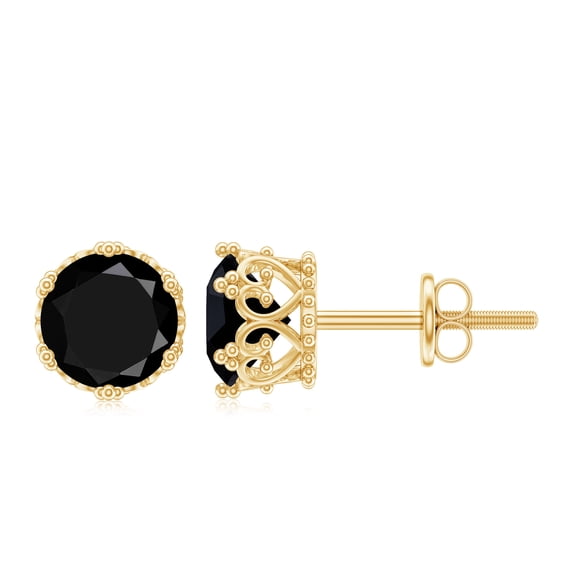 Rosec Jewels 6 MM Black Spinel Solitaire Crown Stud Earrings, 18K Yellow Gold