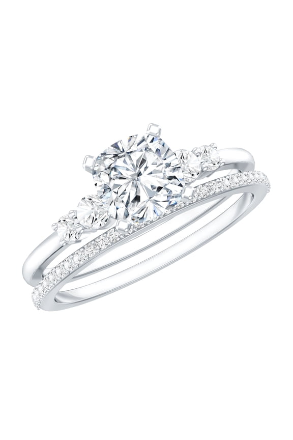 Lab Grown Diamond Engagement Ring Set with Wedding Band - 1.7 Carat - F-VS Quality, 925 Sterling Silver, US 4.00