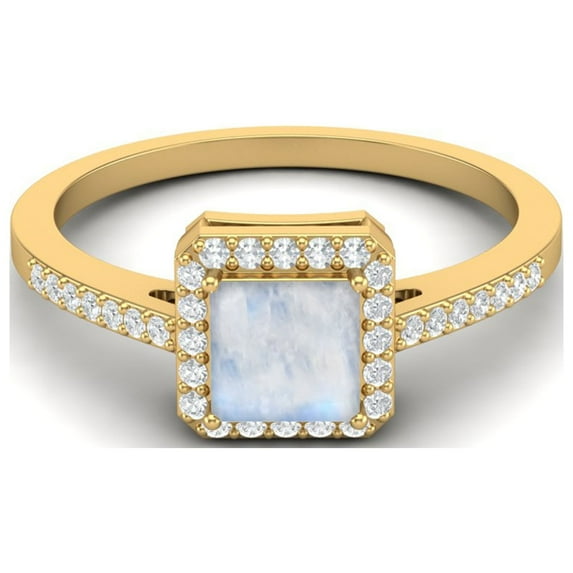 6 MM Square Shape Moonstone Halo Accent 925 Sterling Silver Gold Vemreil Women Wedding Valentines Day Gifts Ring