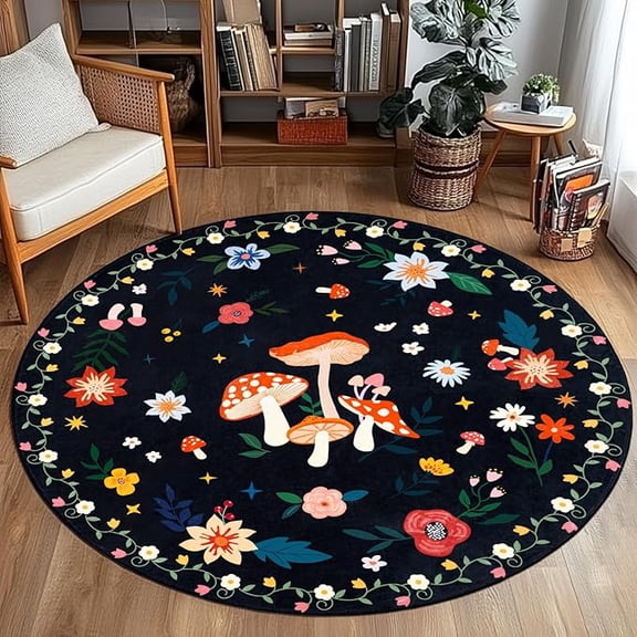 6' Machine Washable Round Area Rug, Non-Slip Vintage Floral Circle Floor Rugs for Kids, Low Pile RoomCarpet for Living Room, Bedroom, Dining Room & Nursery(6' Black Mushroom)