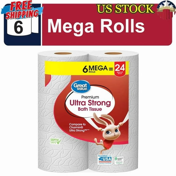 6 Mega Rolls Ultra Strong Toilet Paper 2 Ply Soft Absorbent Septic Safe Sheets