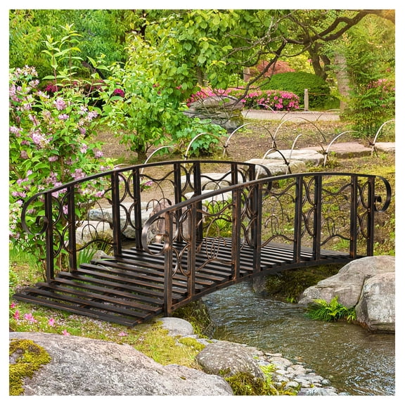 6' Metal Garden Bridge with Rails 660lbs Capacity, Brown Backyard Arch for Stream, Pond, Walkway