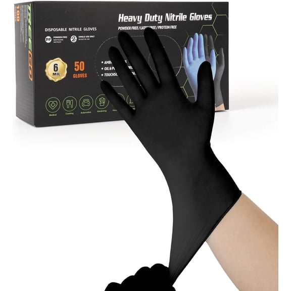 6 Mil Black Gloves Medium - Heavy Duty Disposable Latex & Free, Resistant, Textured Grip for Prep, Cleaning, and Industrial Use - 50 Count