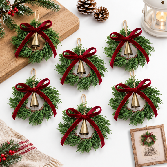 6 Mini Cedar Wreath Cabinet Ornaments with Burgundy Bow, Holiday Decor for Small Spaces