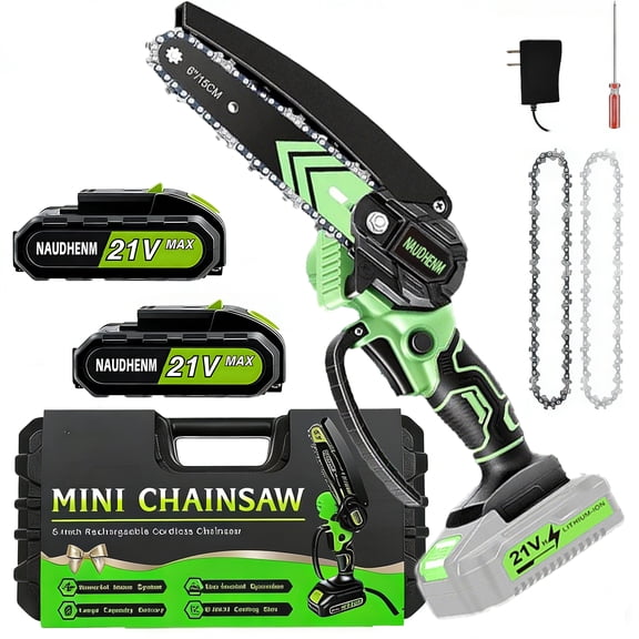 NAUDHENM 7.29-Inch Cordless Handheld Chain Saw, 12V, 2 Batteries, 2 Chains