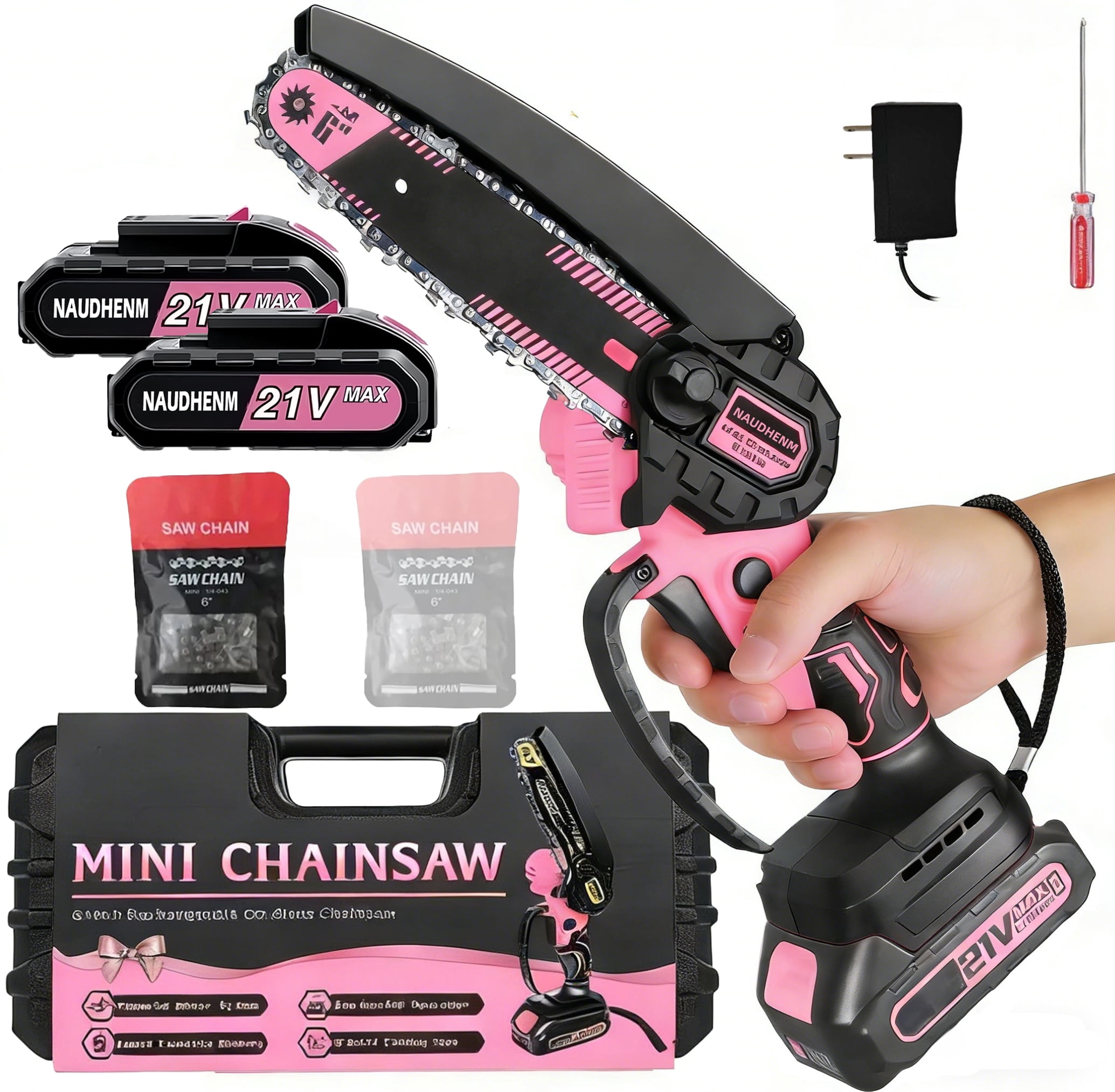 6" Mini Chainsaw with 2 Batteries 2 Chains, 6-Inch Cordless Handheld Chain Saw for Wood Cutting Tree Trimming