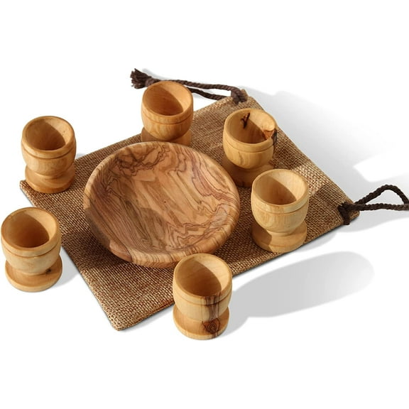 Hand-Carved Olive Wood Kiddush Cup Set with Bread Tray - 6 Mini Communion Cups in Gift Bag for Worship Events