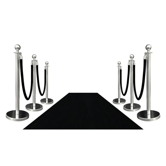 6 Mirror Crown Rope Stanchions + 4 Black Velour Ropes + 1 pc of 3' x 10' Black Carpet
